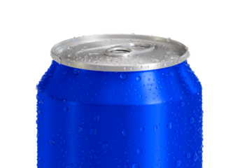 Blue Aluminum soda can with water drops, transparent background