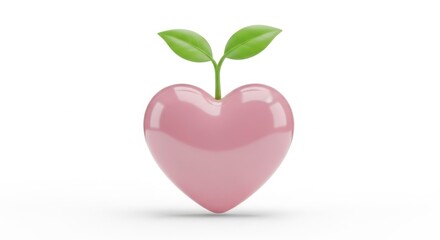 Pink heart shape with green leaves growing, symbolizing love and new beginnings.