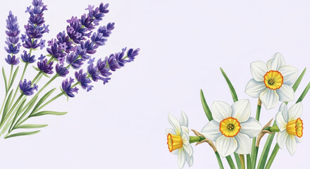 A beautiful watercolor illustration of lavender and daffodil flowers isolated on a light purple background.