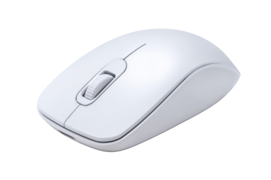 White computer mouse with scroll wheel on black background technology