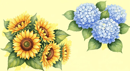 Watercolor painting of a bouquet of sunflowers and a cluster of blue hydrangeas on a yellow background.