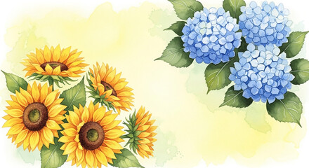 Watercolor illustration of sunflowers and blue hydrangeas on a yellow background.