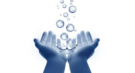 Water splash in cupped hands with bubbles falling. Concept, purity, health, care.