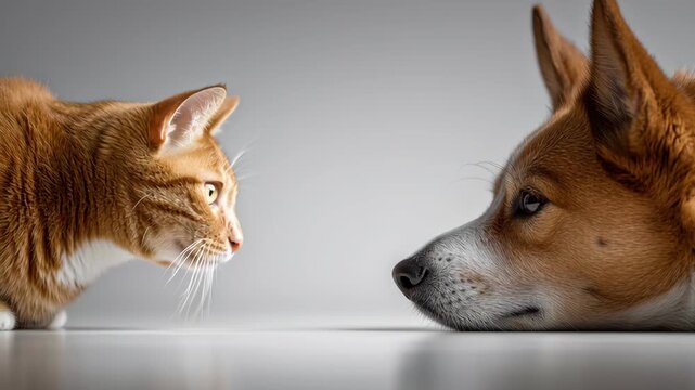 Close-up cat staring calmly at dog against extremely clean empty negative space, modern premium editorial minimal, cat and dog minimalist scene
