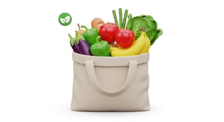 Reusable shopping bag filled with fresh fruits and vegetables, healthy lifestyle.