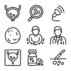 A set of doodle line icons illustrating bladder stones, diagnosis tools, symptoms, doctors, medications, and surgical treatment methods