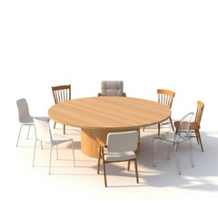 Round wooden table with eight chairs in various styles on a white background.