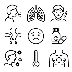 A set of doodle line icons showing symptoms of cold, flu, sore throat, coughing, fever, infection, and respiratory issues