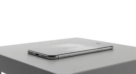 Smartphone lying flat on a gray surface, showcasing its sleek design and features.