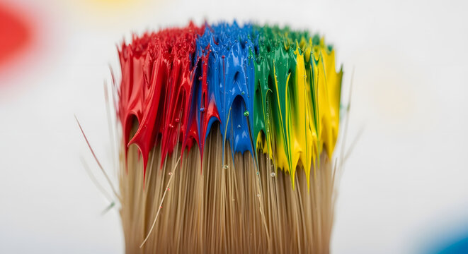 A close-up shot showcasing a paint brush loaded with vibrant primary colors of red, blue, green and yellow, creating a sense of artistic expression and the joy of painting. The brush bristles display - Powered by Adobe
