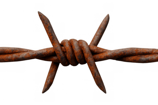 Rusty barb wire with sharp spikes, a symbol of danger, security, prison, and segregation on transparent background