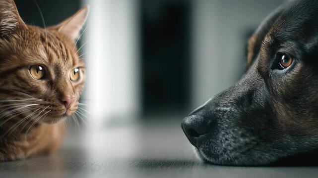 Close-up cat staring calmly at dog against extremely clean empty negative space, modern premium editorial minimal, cat and dog minimalist scene
