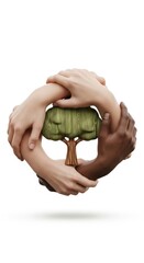 Diverse hands join around a tree, symbolizing environmental protection and unity.