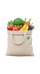 Reusable shopping bag filled with fresh fruits and vegetables. Healthy eating concept.