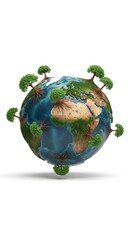 Earth globe with trees growing out of it. Symbolizes environmental conservation.