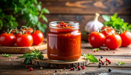Rustic Jar of Homemade Tomato Sauce with Fresh Ingredients