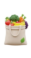 Canvas bag filled with fresh produce, including apples, bananas, broccoli, carrots.