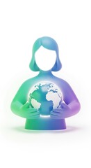 Stylized woman holding a glowing earth globe. Concept for ecology and environment.