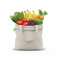 Reusable shopping bag filled with fresh produce, tomatoes, spinach, bananas, grapes.