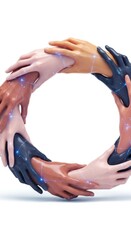 Diverse hands form circle, symbolizing unity, connection, and global cooperation concept.