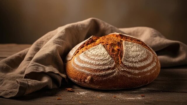 Loaf of bread on a wooden table with a linen cloth.