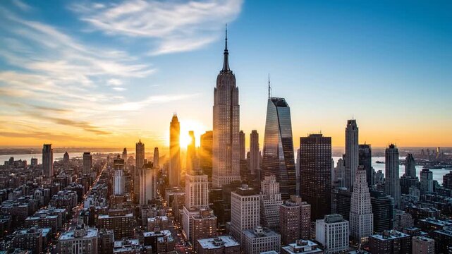 Aerial View of New York City Skyline at Sunset with Golden Sun Rays Illuminating Towers and Dense Urban Landscape Against Clear Sky, Adobe Stock Photo