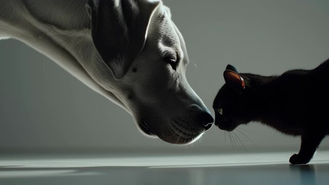 Close-up dog gently lowering head toward cat on flat minimal surface, cinematic minimalism, cat and dog minimalist scene