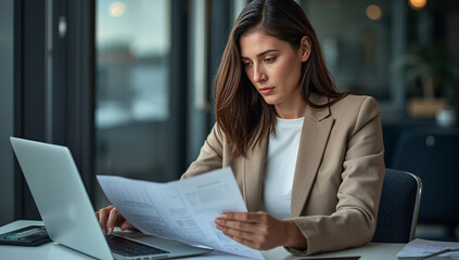Young female professional working on financial documents and using a laptop in a sleek office