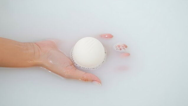 Hand Holding White Bath Bomb in Milky White Water Background