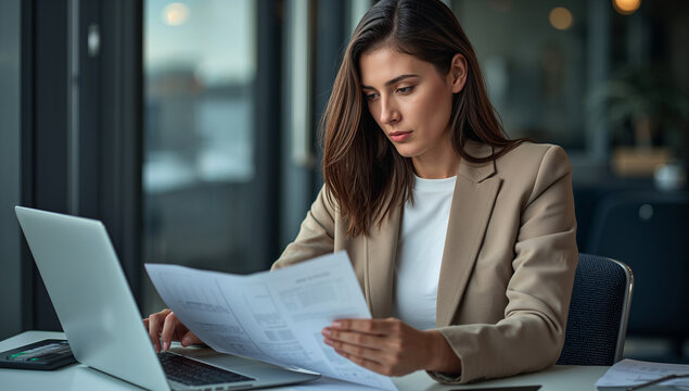 Young female professional working on financial documents and using a laptop in a sleek office