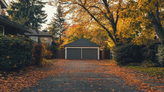 a serene suburban scene bathed in the golden glow of autumn, a driveway blanketed with fallen leaves leading to a detached garage