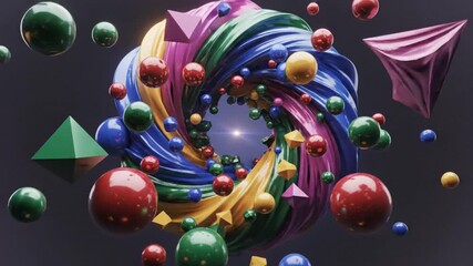 Abstract 3D illustration with colorful swirling ribbons, geometric shapes, and spheres floating in a dynamic composition, artistic design - Powered by Adobe