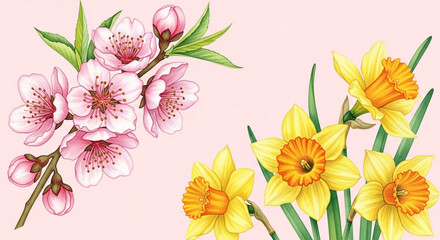 A beautiful botanical illustration of pink peach blossoms and yellow daffodils on a light pink background.