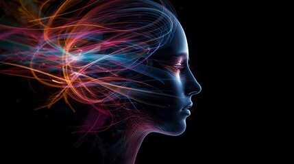 Striking digital portrait of a woman with flowing energy trails for innovative tech and creative concepts in vibrant blues, pinks, and oranges
