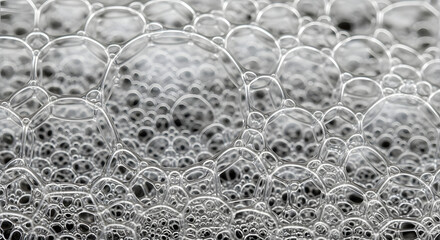 A captivating close-up shot showcases a dense network of clear bubbles, creating an abstract and visually arresting pattern with a mesmerizing play of light and shadow, perfect for a modern aesthetic.