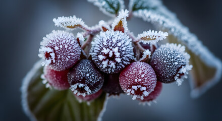 A delicate cluster of wild berries covered in frost crystals.