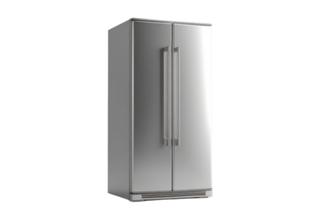 Stainless steel double door refrigerator with silver handles on black background appliance kitchen