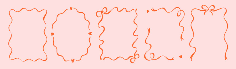 Fototapeta na wymiar Doodle whimsical coquette frames and borders with bows and hearts. Hand drawn rectangle decorative borders for wedding invitation. Bachelorette party whimsical red frames with crayon texture.