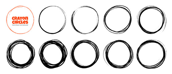 Scribbled circle ring frames drawn with crayon or chalk. Round pencil outlines for emphasie design, hand drawn notes and to outline text. Vector texture grunge circles different thickness.