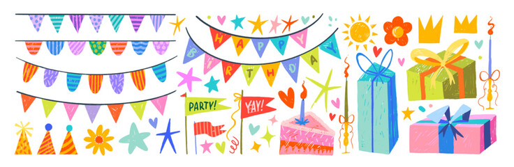 Party childish crayon drawn festive illustration set. Garlands, party hats, gift boxes, and cake drawn with pencil. Colorful chalk clip arts for Happy Birthday, and holidays card and invitation design