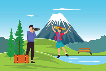 Travel experience happy couple taking pictures on the mountain. Travel&nbsp;Experience Concept. Colored flat vector illustration isolated