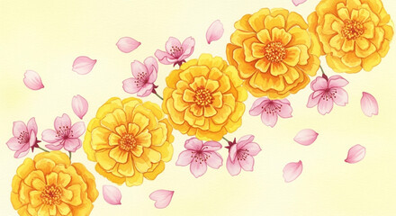 Vibrant yellow marigold-like flowers and delicate pink cherry blossoms with falling petals on a soft yellow background illustration.