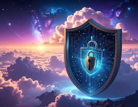 Digital security shield floating above clouds at sunrise or sunset