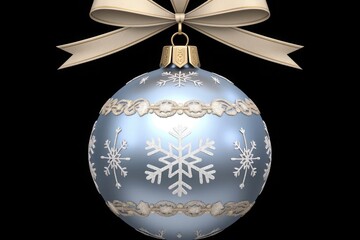 Light blue 3D Christmas ornament with white lace and snowflake pattern hanging on ribbon against black background for elegant holiday decoration and festive design concepts
