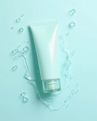 White cosmetic tube with water splashes on blue background, skincare product concep