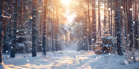 Sunlight streams through a snowy forest path, illuminating tall, bare trees and evergreen firs with a soft, warm glow. Sparkling snowflakes gently fall, creating a serene and magical winter landscape.