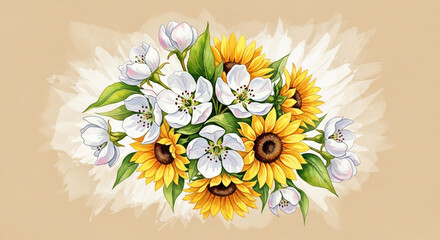 A beautiful bouquet of sunflowers and white blossoms with green leaves on a soft beige background.