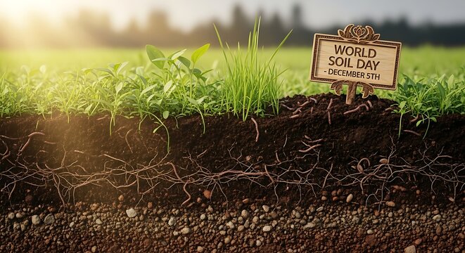 World Soil Day December 5th Sign with Healthy Soil, Plant Roots, Earthworms, and Green Field