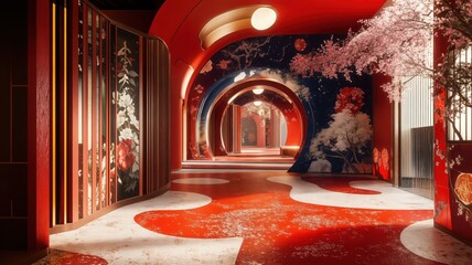 Vibrant cultural pathway showcasing exquisite oriental design with dramatic arches and intricate floral patterns, creating a grand and captivating Asian-inspired interior