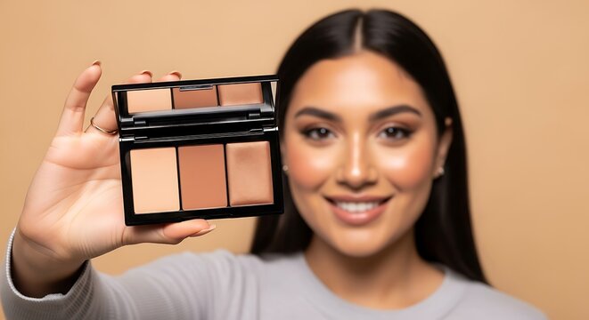 Smiling woman presents a makeup contouring palette against a neutral background in a beauty product shot - Powered by Adobe